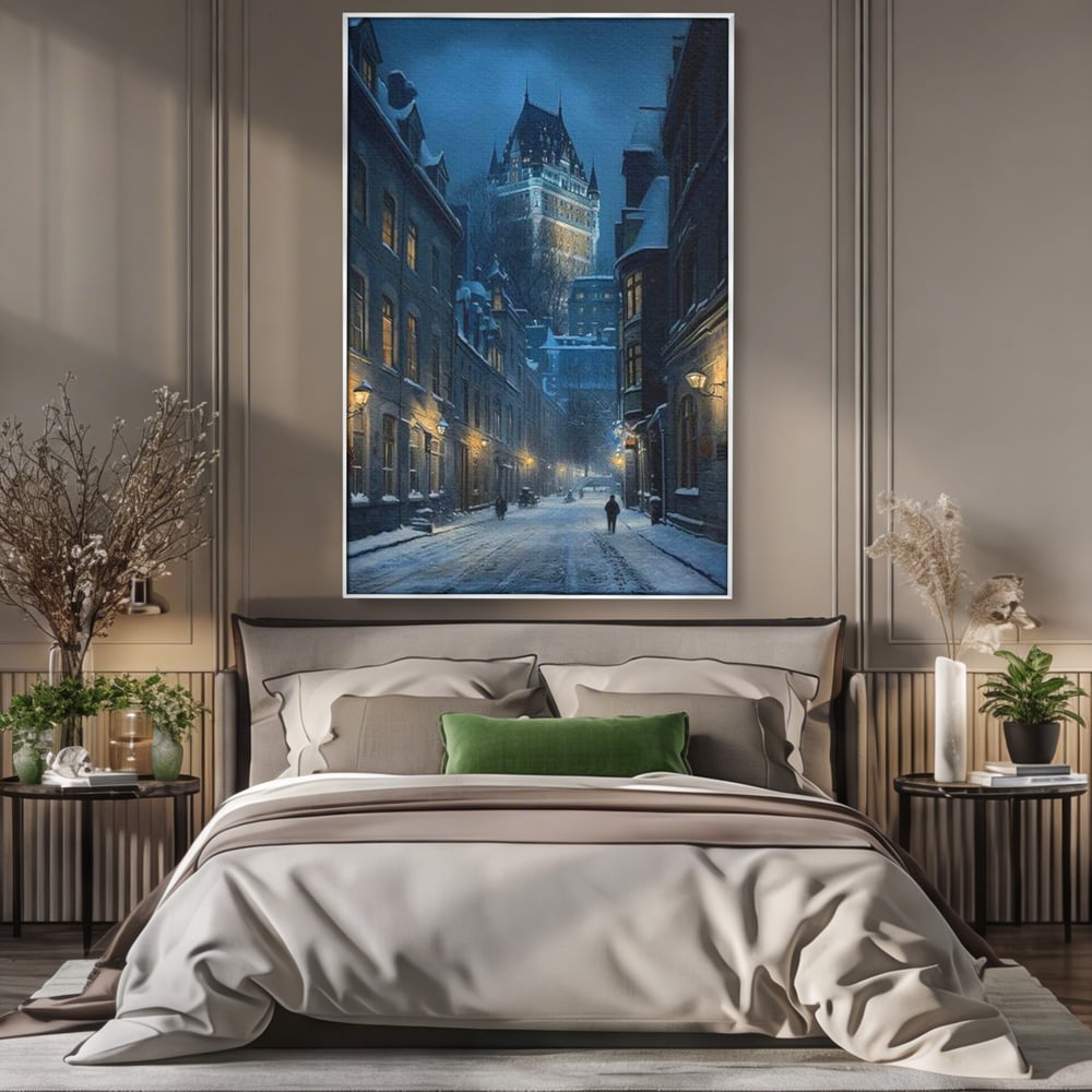 Tablou canvas cu tablou canvas cu strada iarna noaptea, in rama de aluminiu argintiu, pe perete intr-un dormitor
