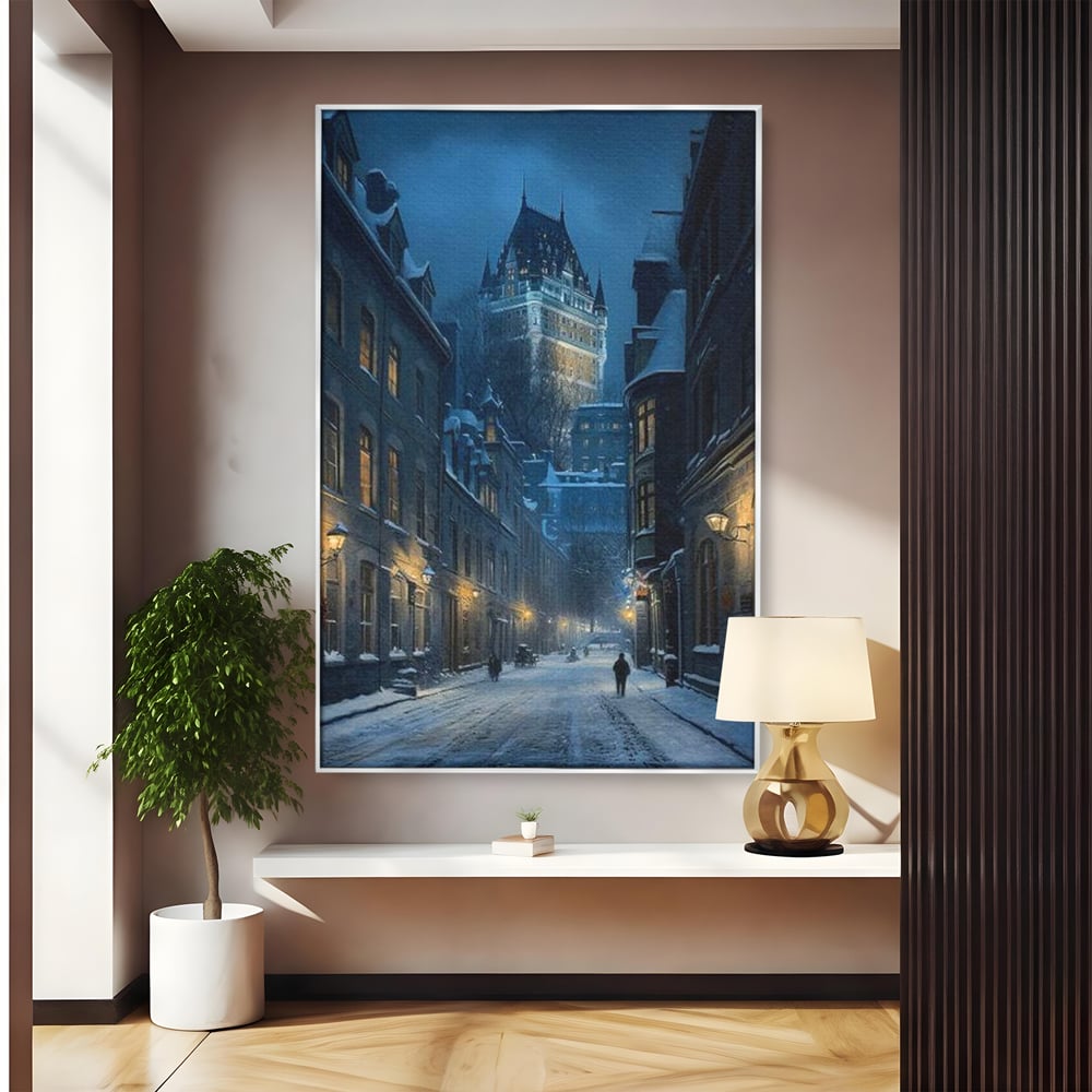 Tablou canvas cu tablou canvas cu strada iarna noaptea, in rama de aluminiu argintiu