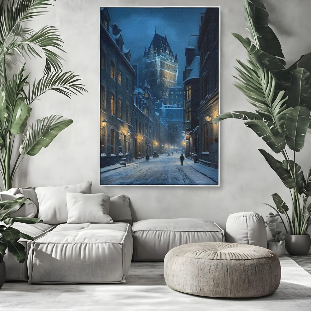 Tablou canvas cu tablou canvas cu strada iarna noaptea, in rama de aluminiu argintiu, pe perete intr-un living