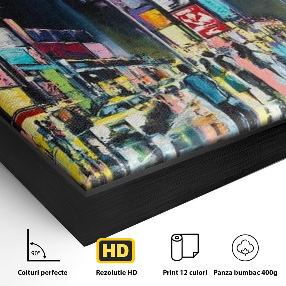 Detaliu al suprafetei: tablou canvas cu peisaj urban nocturn din new york, in rama de aluminiu negru