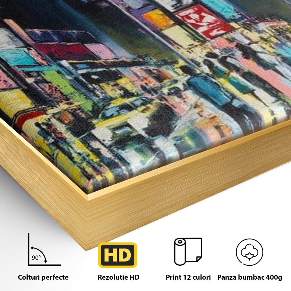 Detaliu al suprafetei: tablou canvas cu peisaj urban nocturn din new york, in rama de aluminiu auriu