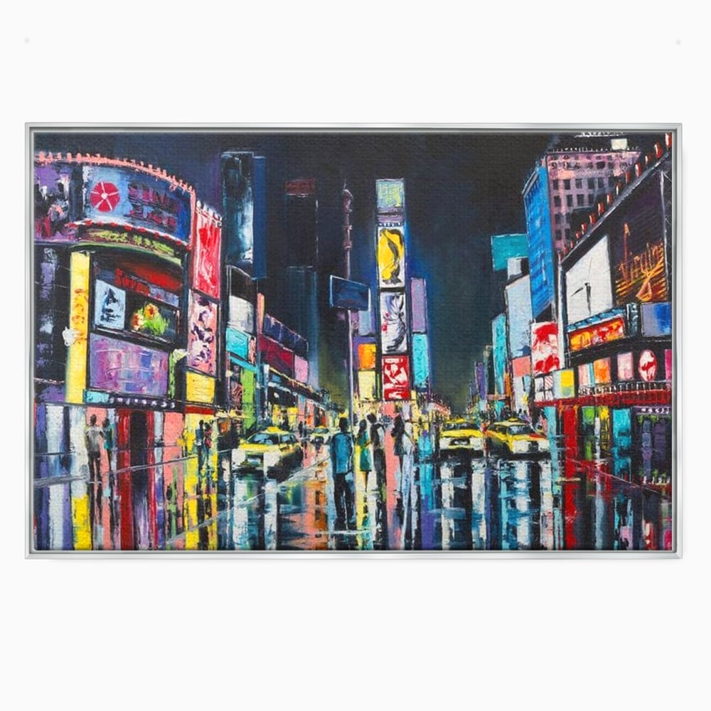 Tablou canvas cu tablou canvas cu peisaj urban nocturn din new york, in rama de aluminiu argintiu