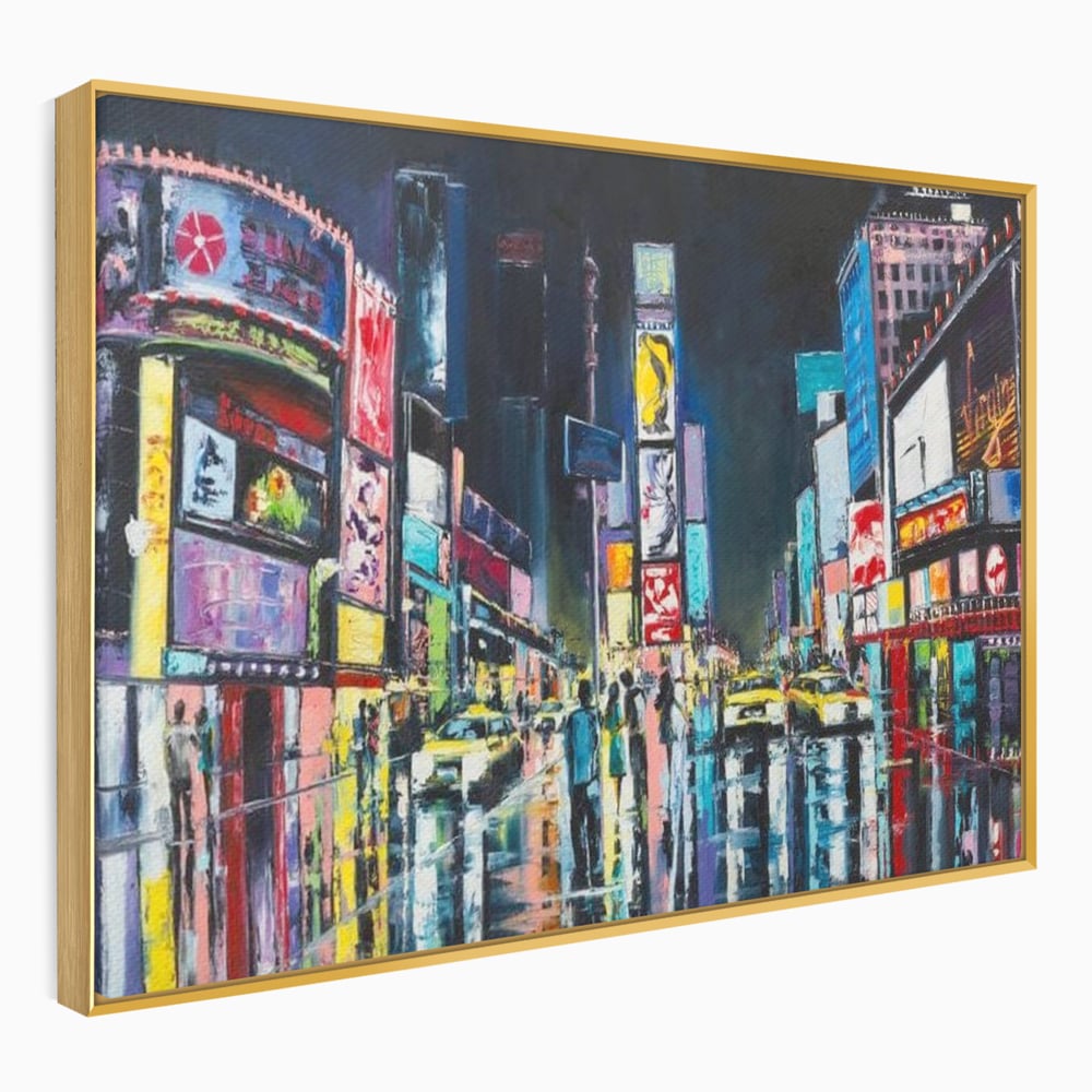 Tablou canvas cu tablou canvas cu peisaj urban nocturn din new york, in rama de aluminiu auriu