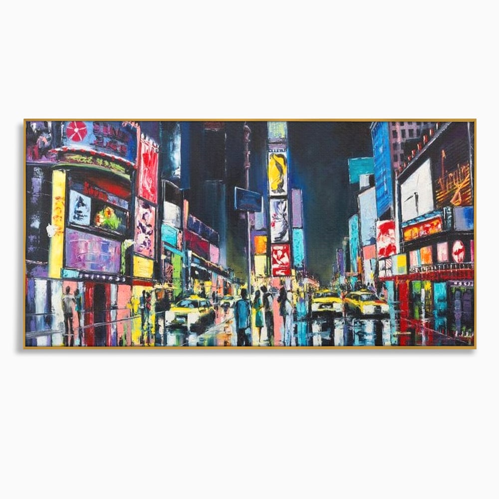 Tablou canvas cu tablou canvas cu peisaj urban nocturn din new york, in rama de aluminiu auriu