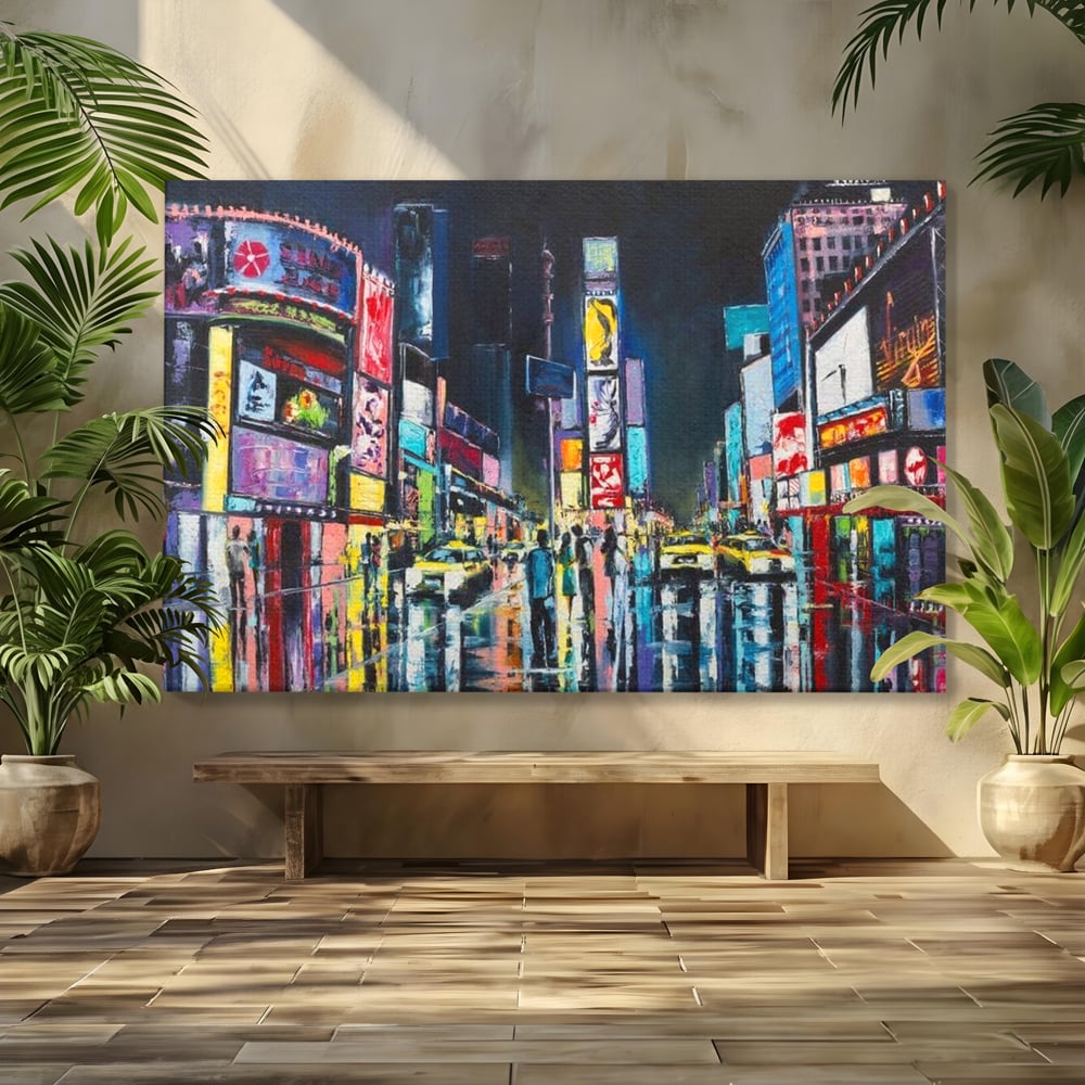 Tablou canvas cu tablou canvas cu peisaj urban nocturn din new york, fara rama, pe sasiu de lemn