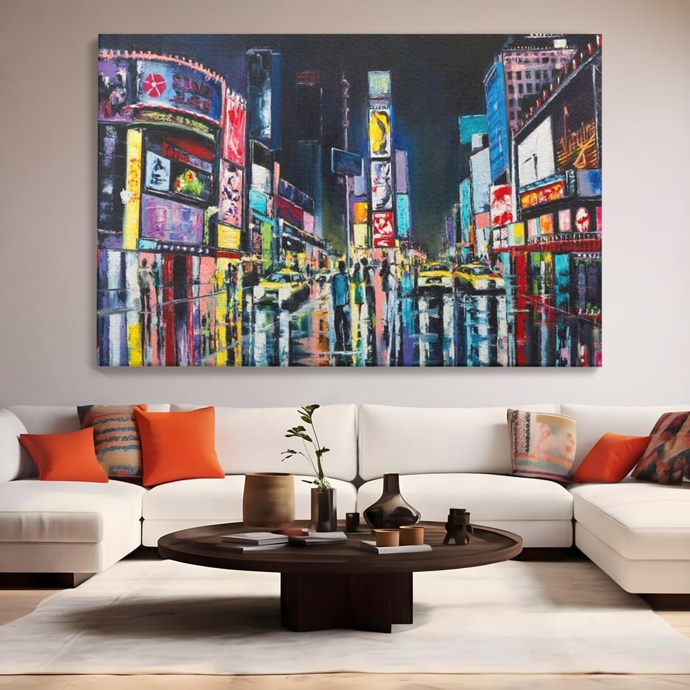 Tablou canvas cu tablou canvas cu peisaj urban nocturn din new york, fara rama, pe sasiu de lemn, pe perete intr-un living