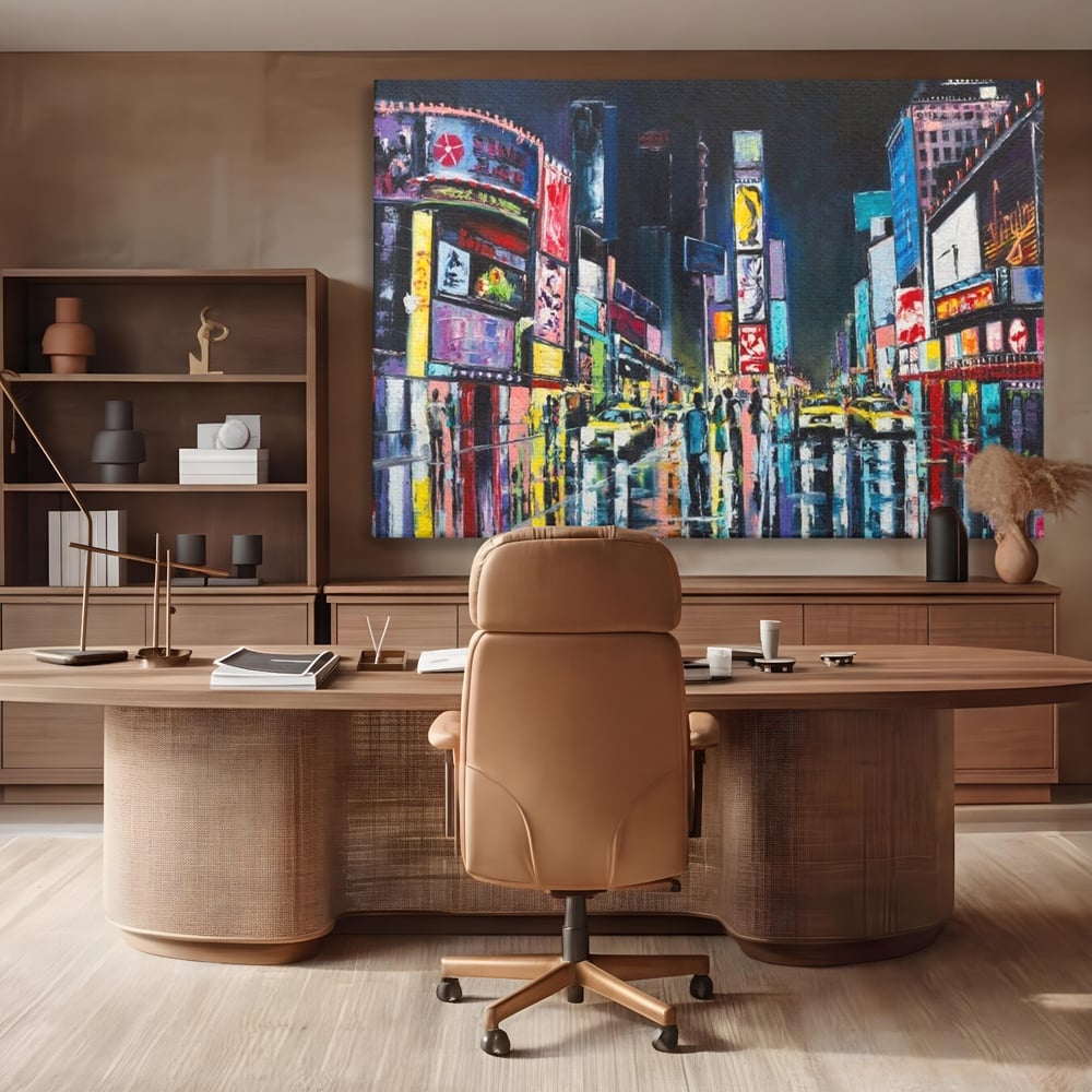 Tablou canvas cu tablou canvas cu peisaj urban nocturn din new york, fara rama, pe sasiu de lemn, pe perete intr-un birou
