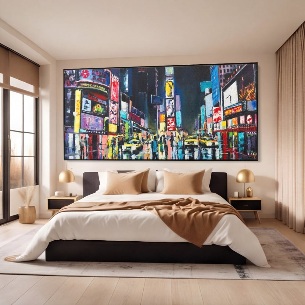 Tablou canvas cu tablou canvas cu peisaj urban nocturn din new york, in rama de aluminiu negru, pe perete intr-un dormitor