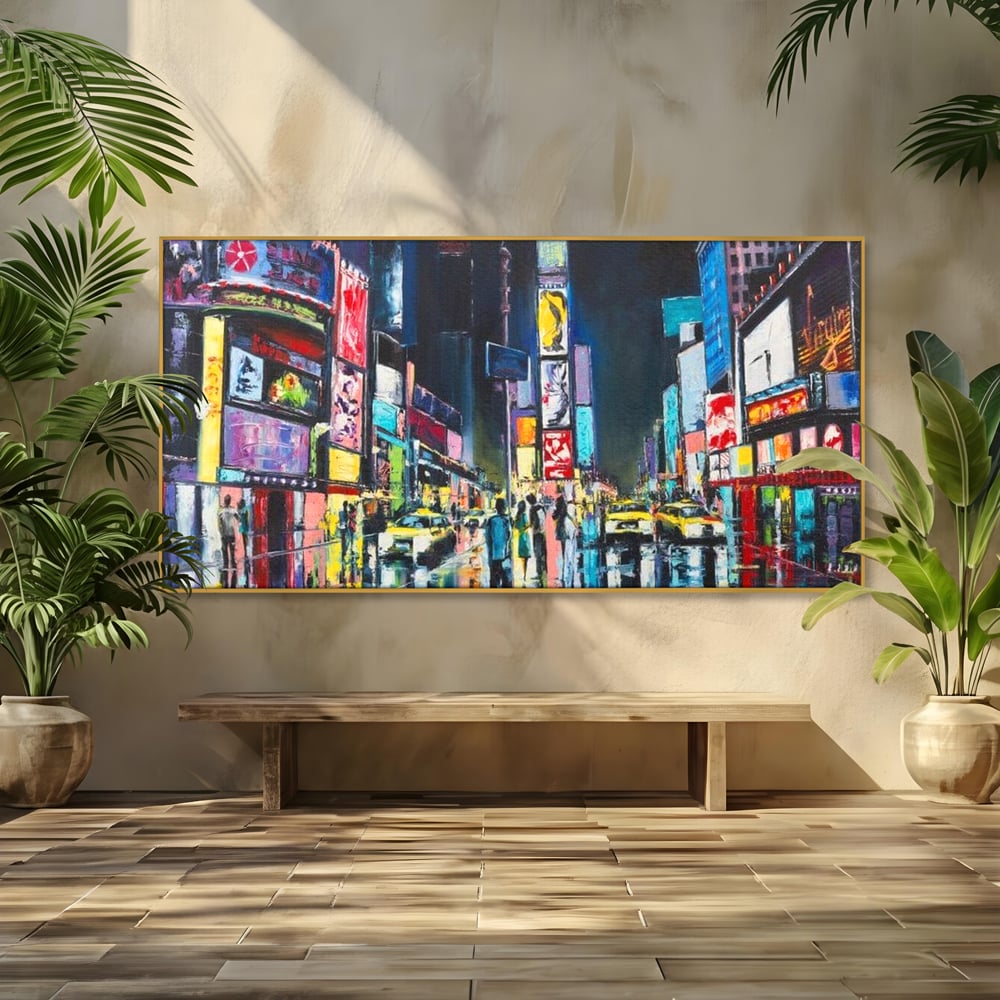 Tablou canvas cu tablou canvas cu peisaj urban nocturn din new york, in rama de aluminiu auriu