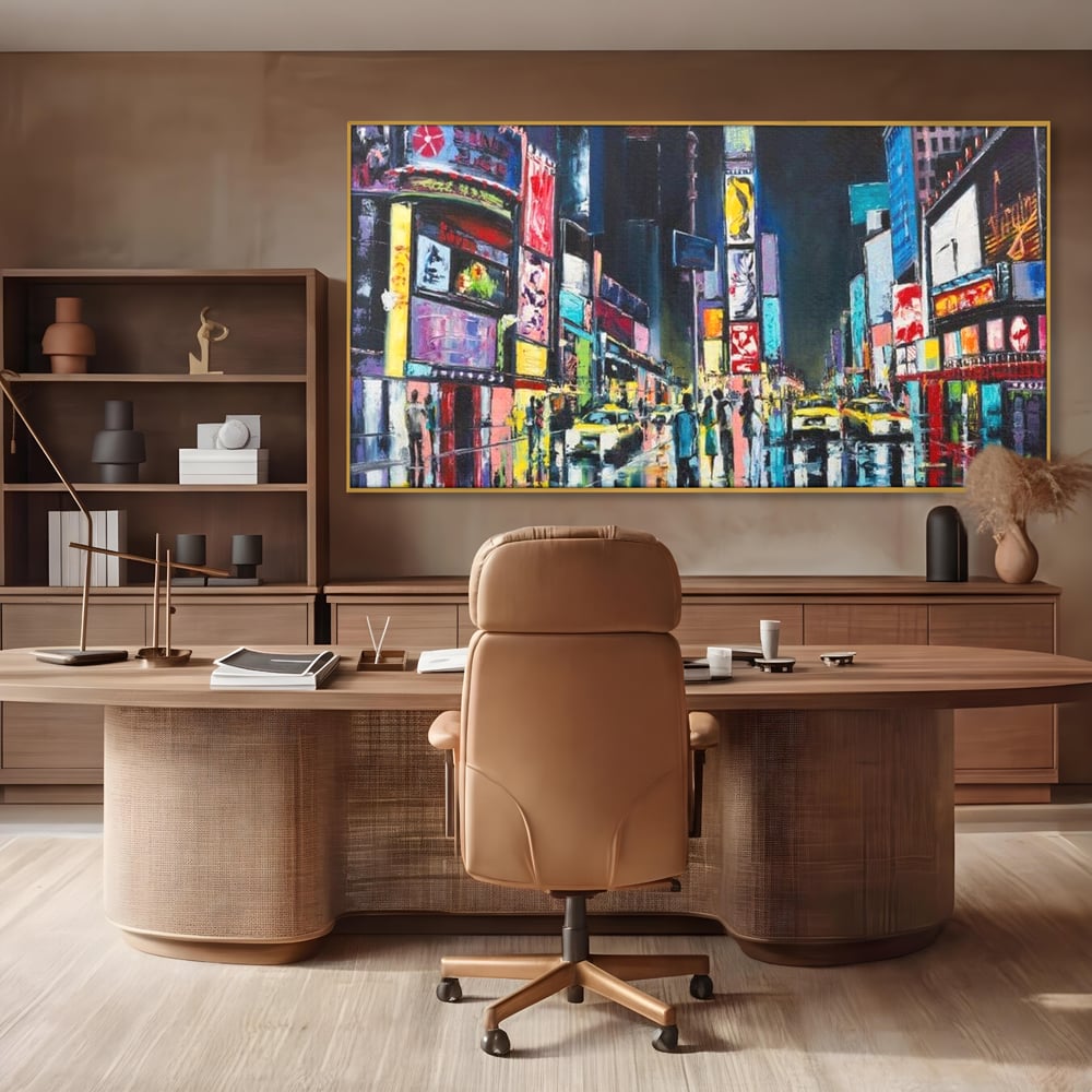 Tablou canvas cu tablou canvas cu peisaj urban nocturn din new york, in rama de aluminiu auriu, pe perete intr-un birou