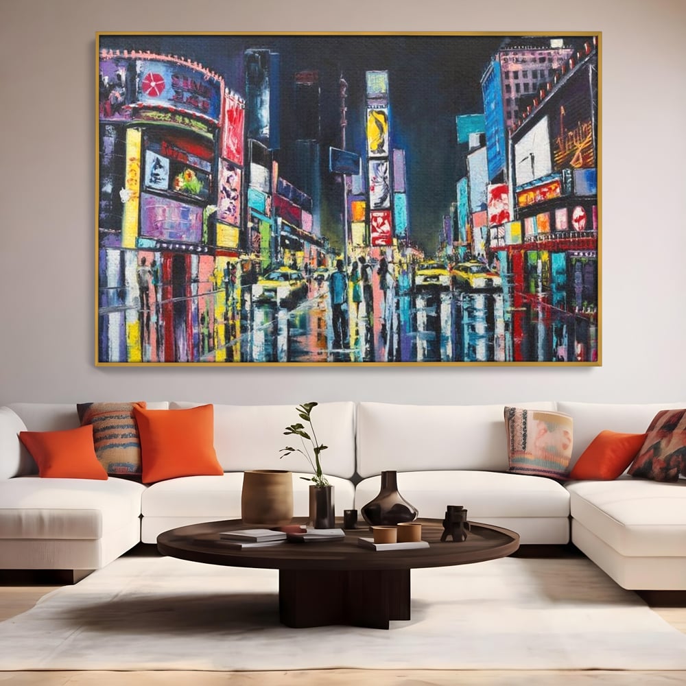 Tablou canvas cu tablou canvas cu peisaj urban nocturn din new york, in rama de aluminiu auriu, pe perete intr-un living