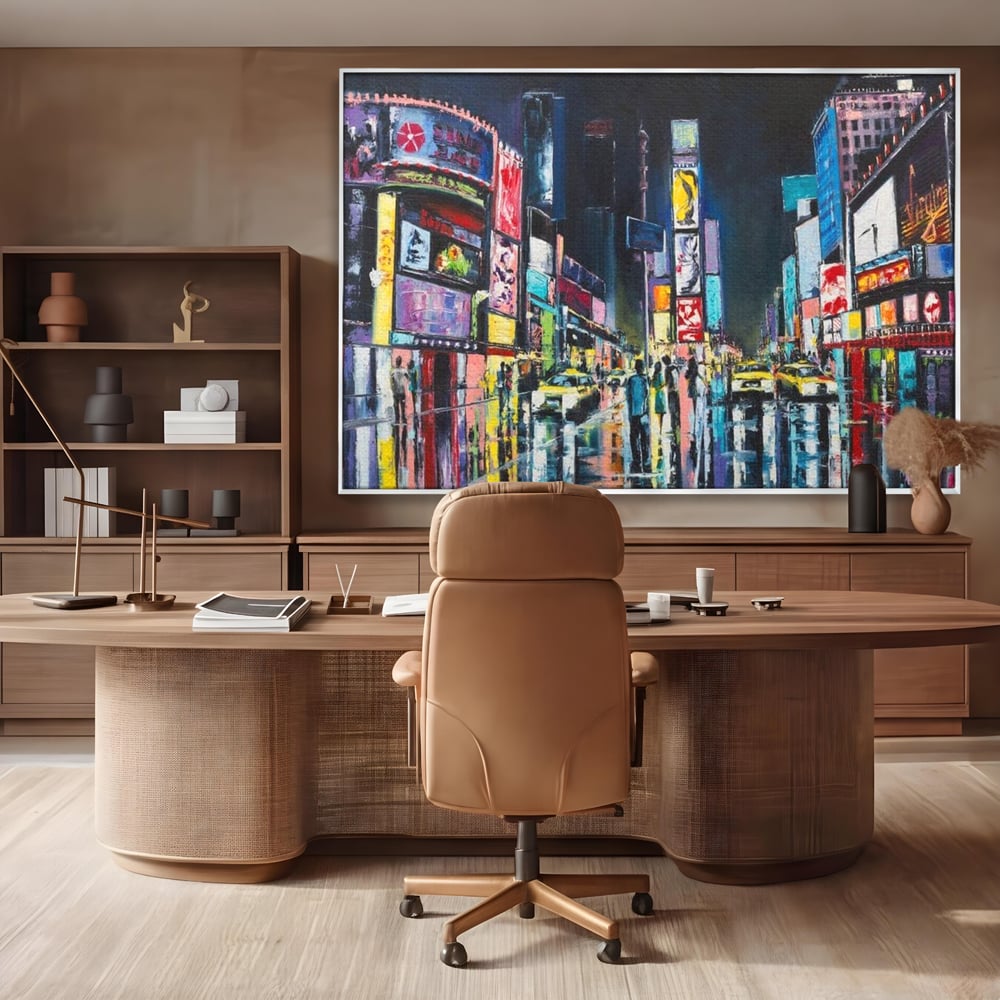 Tablou canvas cu tablou canvas cu peisaj urban nocturn din new york, in rama de aluminiu argintiu, pe perete intr-un birou