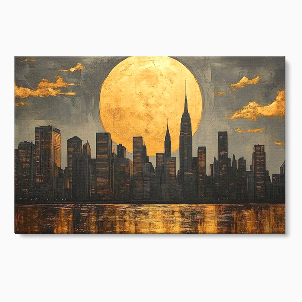 Tablou canvas cu pictura orizontala cu metropola si luna aurie, fara rama, pe sasiu de lemn