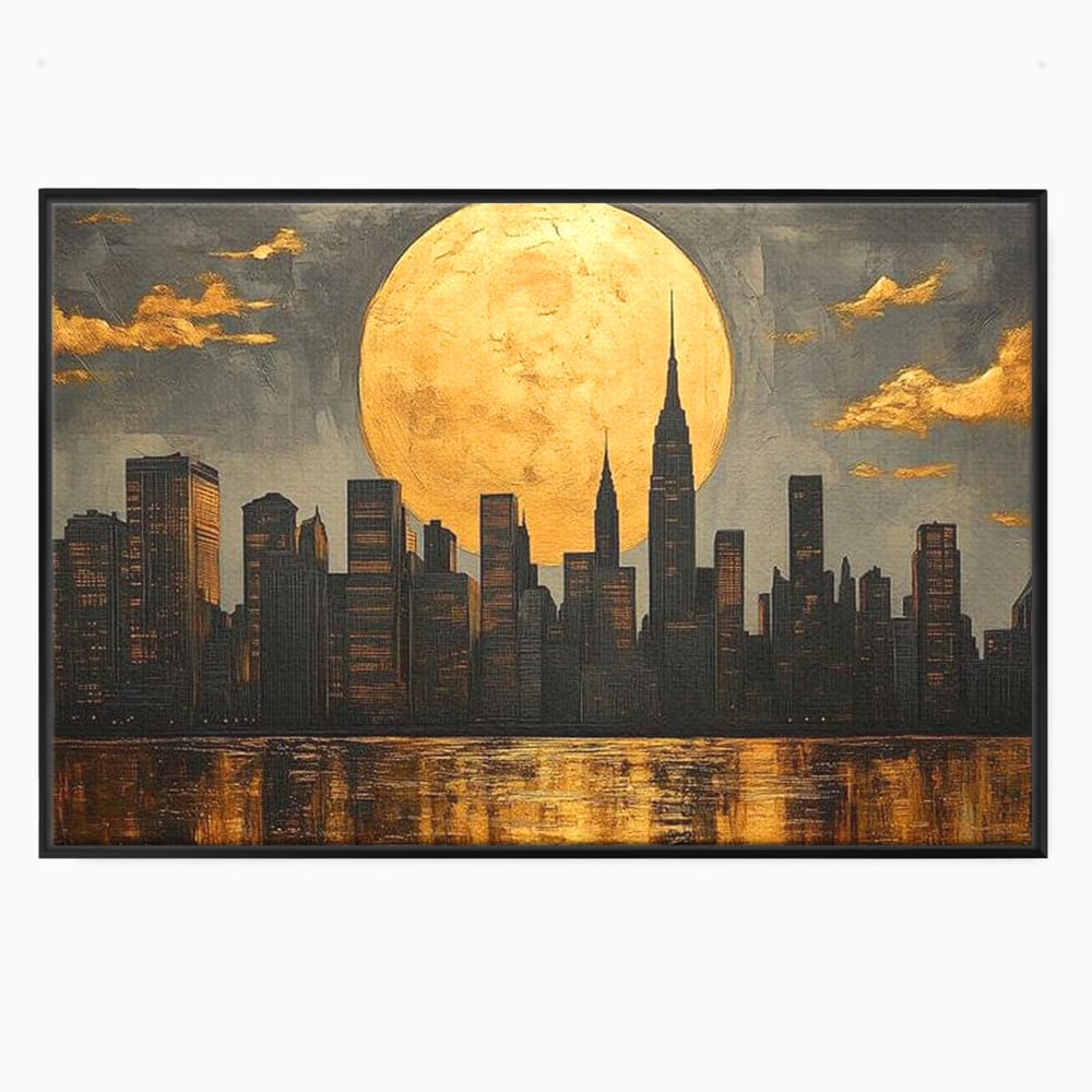 Tablou canvas cu pictura orizontala cu metropola si luna aurie, in rama de aluminiu negru