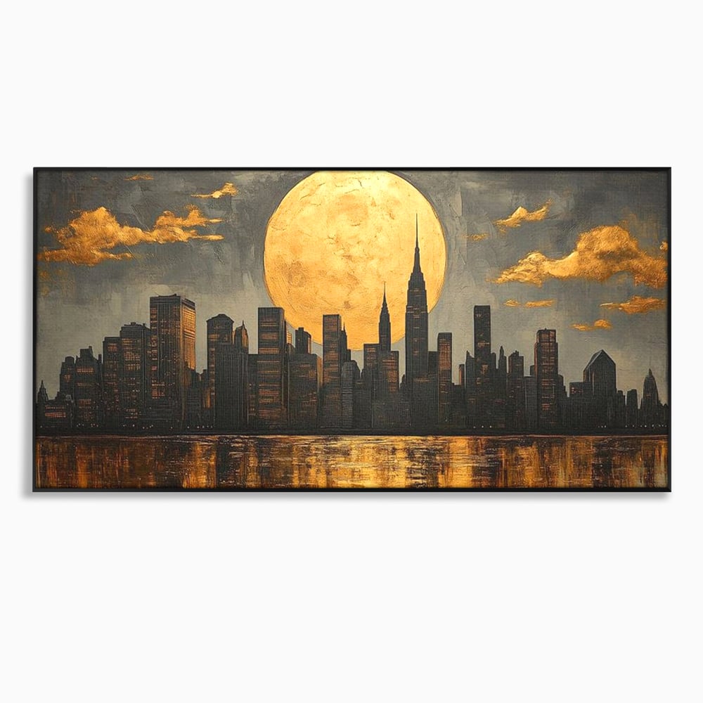 Tablou canvas cu pictura orizontala cu metropola si luna aurie, in rama de aluminiu negru