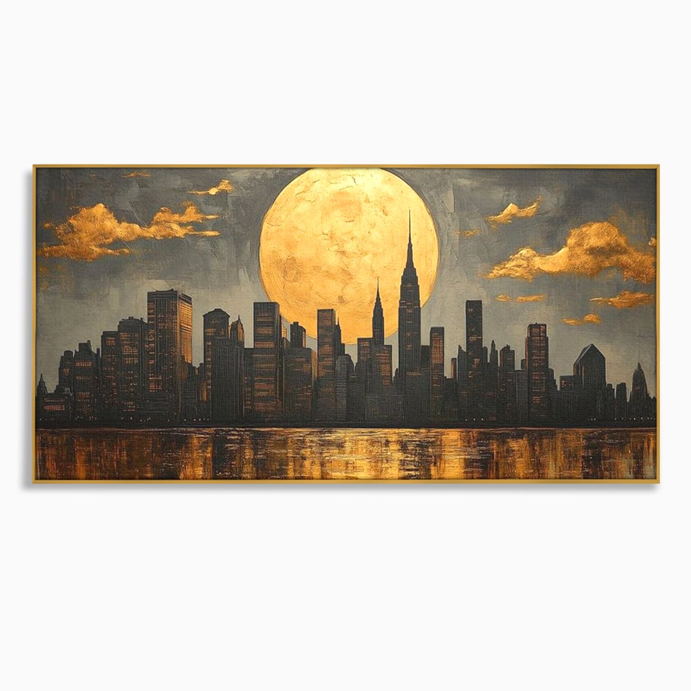 Tablou canvas cu pictura orizontala cu metropola si luna aurie, in rama de aluminiu auriu