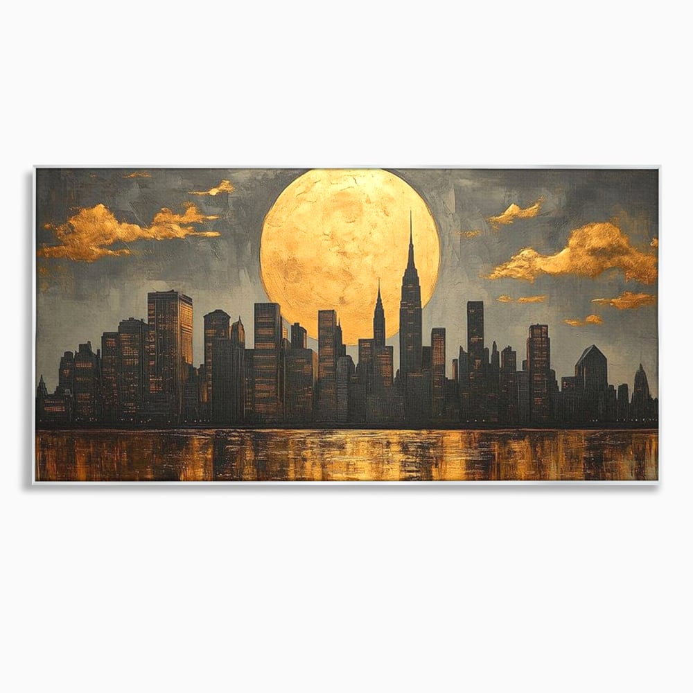 Tablou canvas cu pictura orizontala cu metropola si luna aurie, in rama de aluminiu argintiu