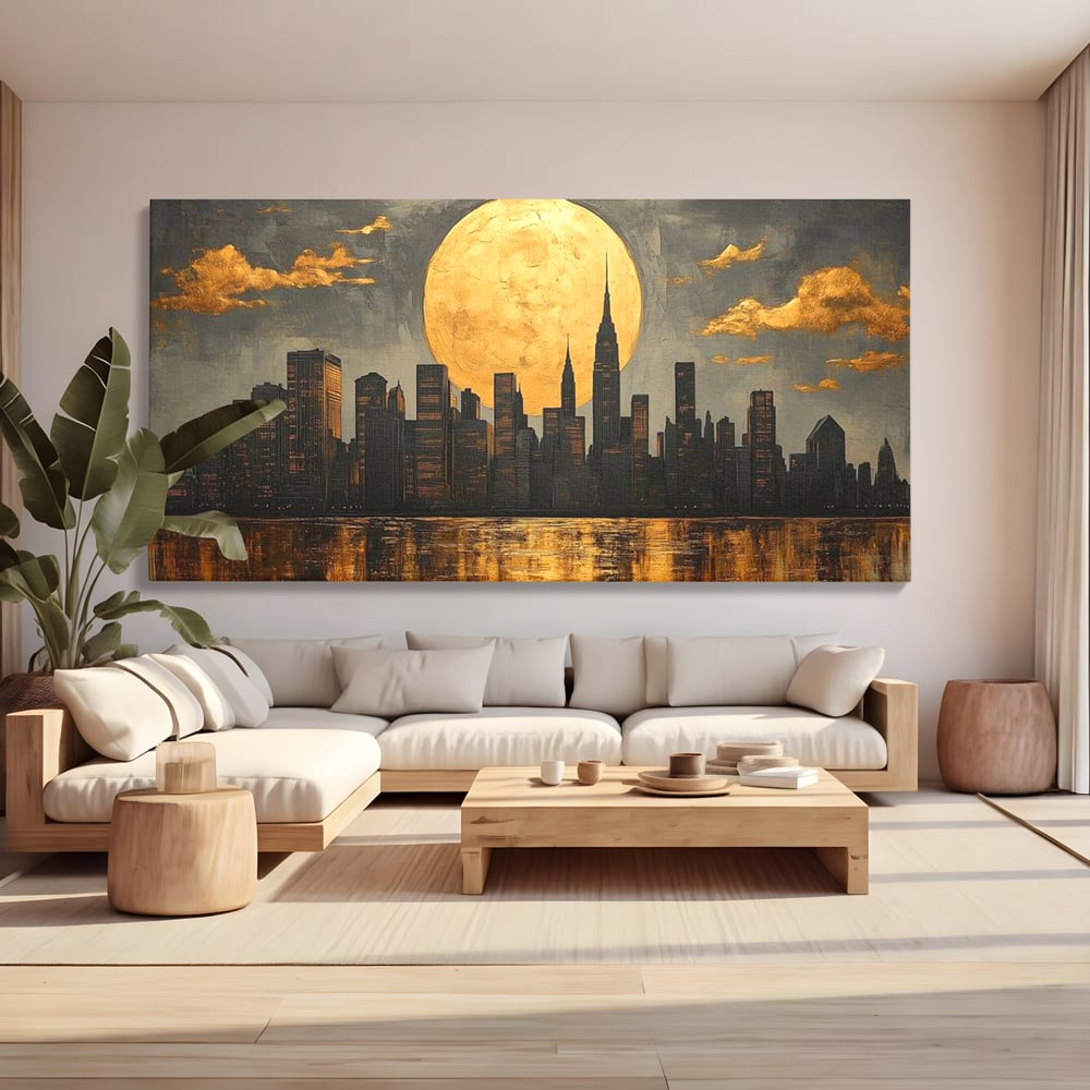 Tablou canvas cu pictura orizontala cu metropola si luna aurie, fara rama, pe sasiu de lemn, pe perete intr-un living