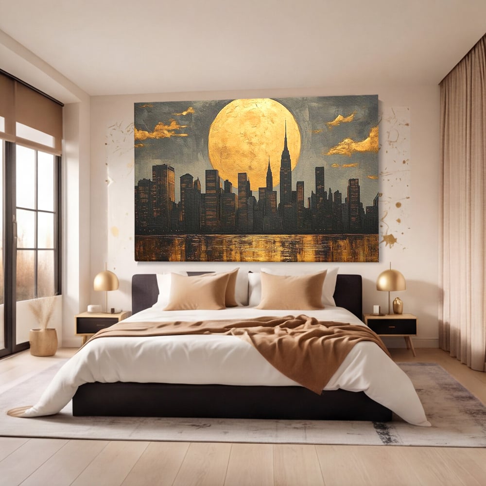 Tablou canvas cu pictura orizontala cu metropola si luna aurie, fara rama, pe sasiu de lemn, pe perete intr-un dormitor