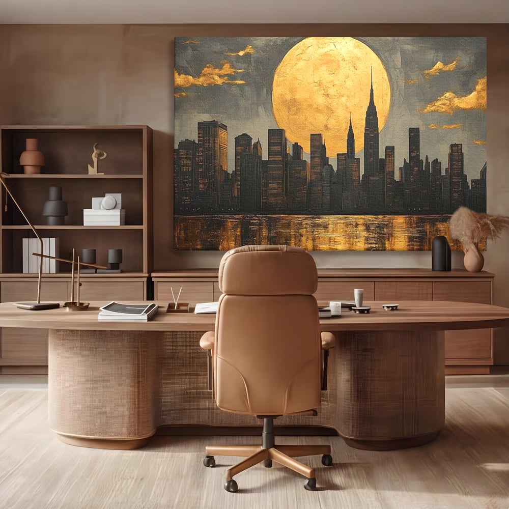 Tablou canvas cu pictura orizontala cu metropola si luna aurie, fara rama, pe sasiu de lemn, pe perete intr-un birou