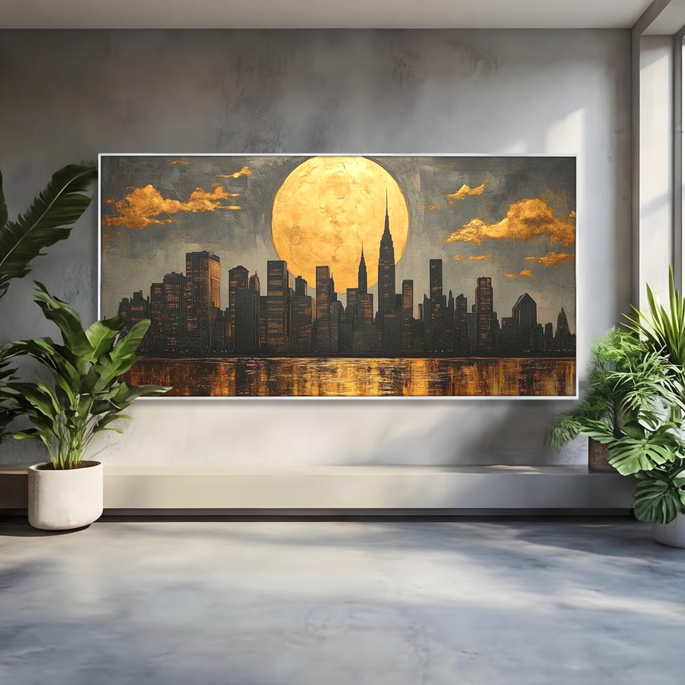 Tablou canvas cu pictura orizontala cu metropola si luna aurie, in rama de aluminiu argintiu