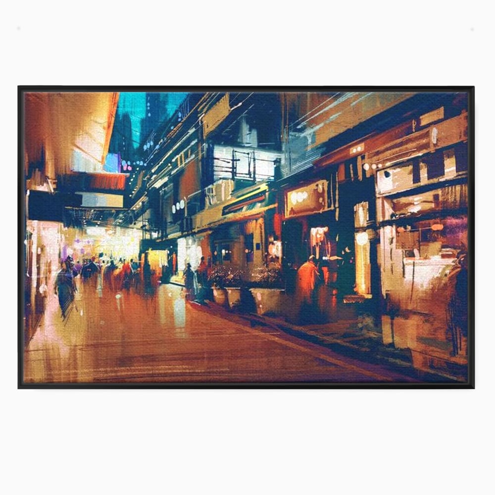 Tablou canvas cu pictura urbana cu strada luminata noaptea, in rama de aluminiu negru