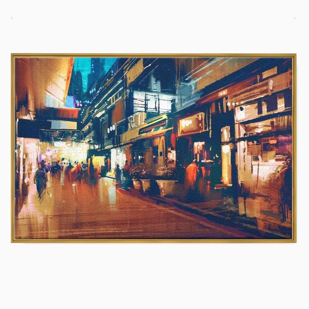Tablou canvas cu pictura urbana cu strada luminata noaptea, in rama de aluminiu auriu