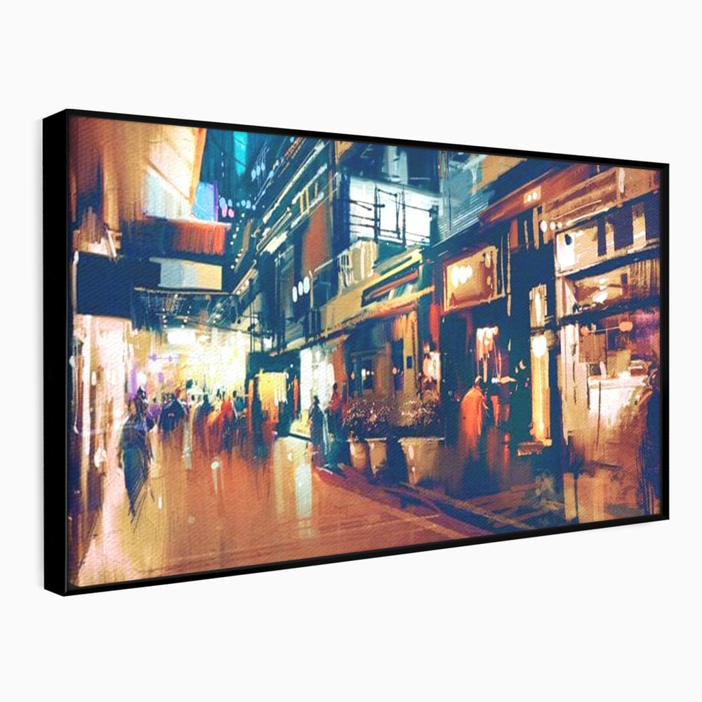 Tablou canvas cu pictura urbana cu strada luminata noaptea, in rama de aluminiu negru