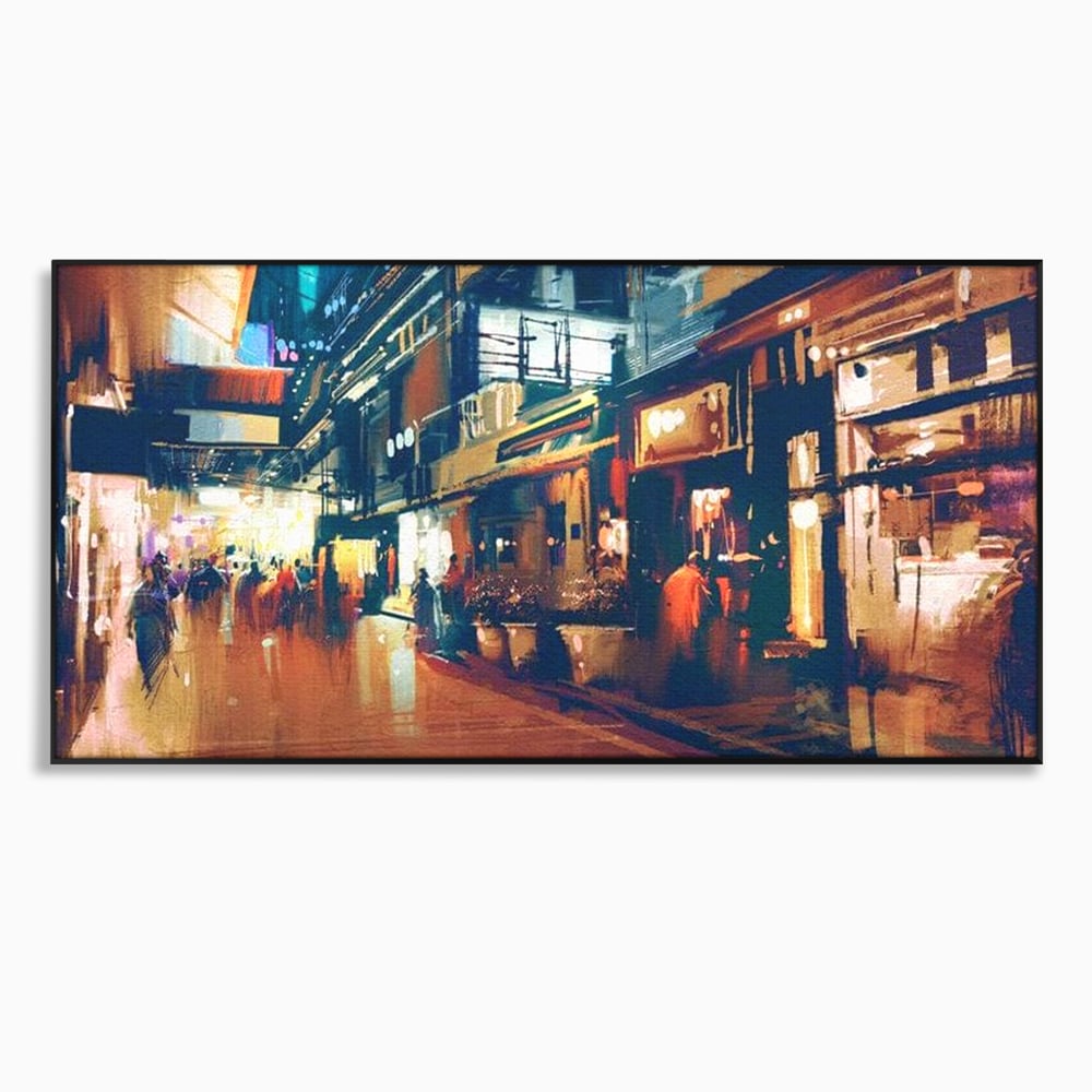 Tablou canvas cu pictura urbana cu strada luminata noaptea, in rama de aluminiu negru