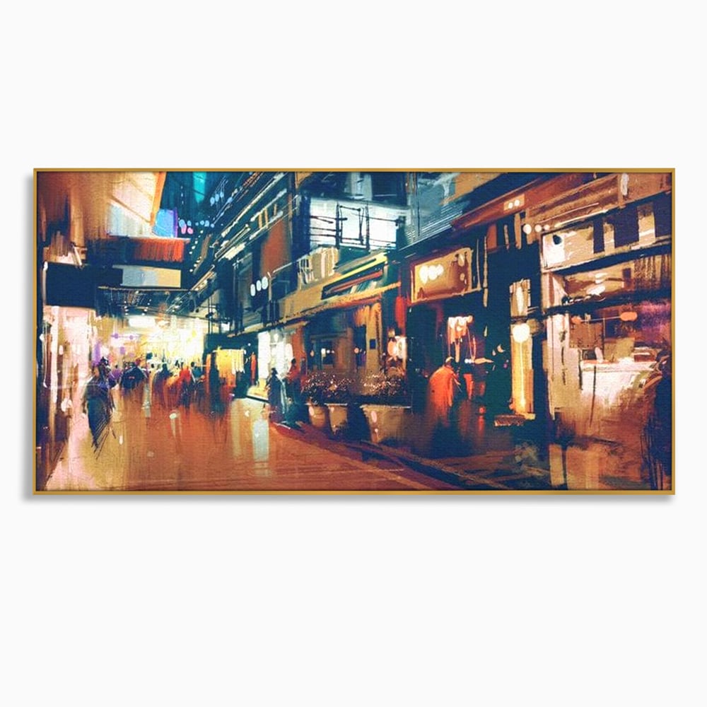 Tablou canvas cu pictura urbana cu strada luminata noaptea, in rama de aluminiu auriu