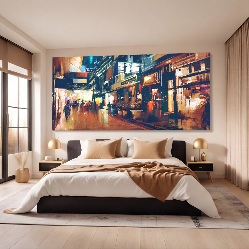 Tablou canvas cu pictura urbana cu strada luminata noaptea, fara rama, pe sasiu de lemn, pe perete intr-un dormitor