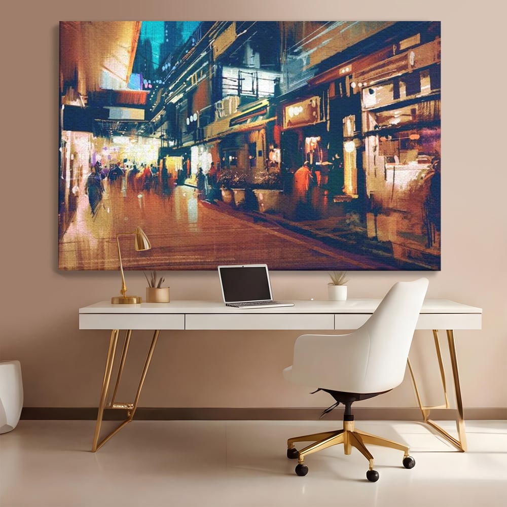 Tablou canvas cu pictura urbana cu strada luminata noaptea, fara rama, pe sasiu de lemn, pe perete intr-un birou