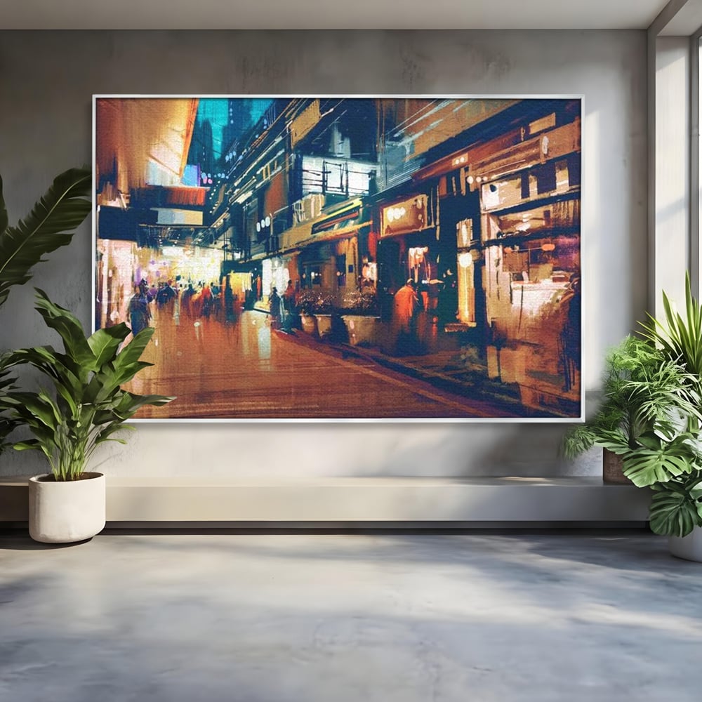 Tablou canvas cu pictura urbana cu strada luminata noaptea, in rama de aluminiu argintiu
