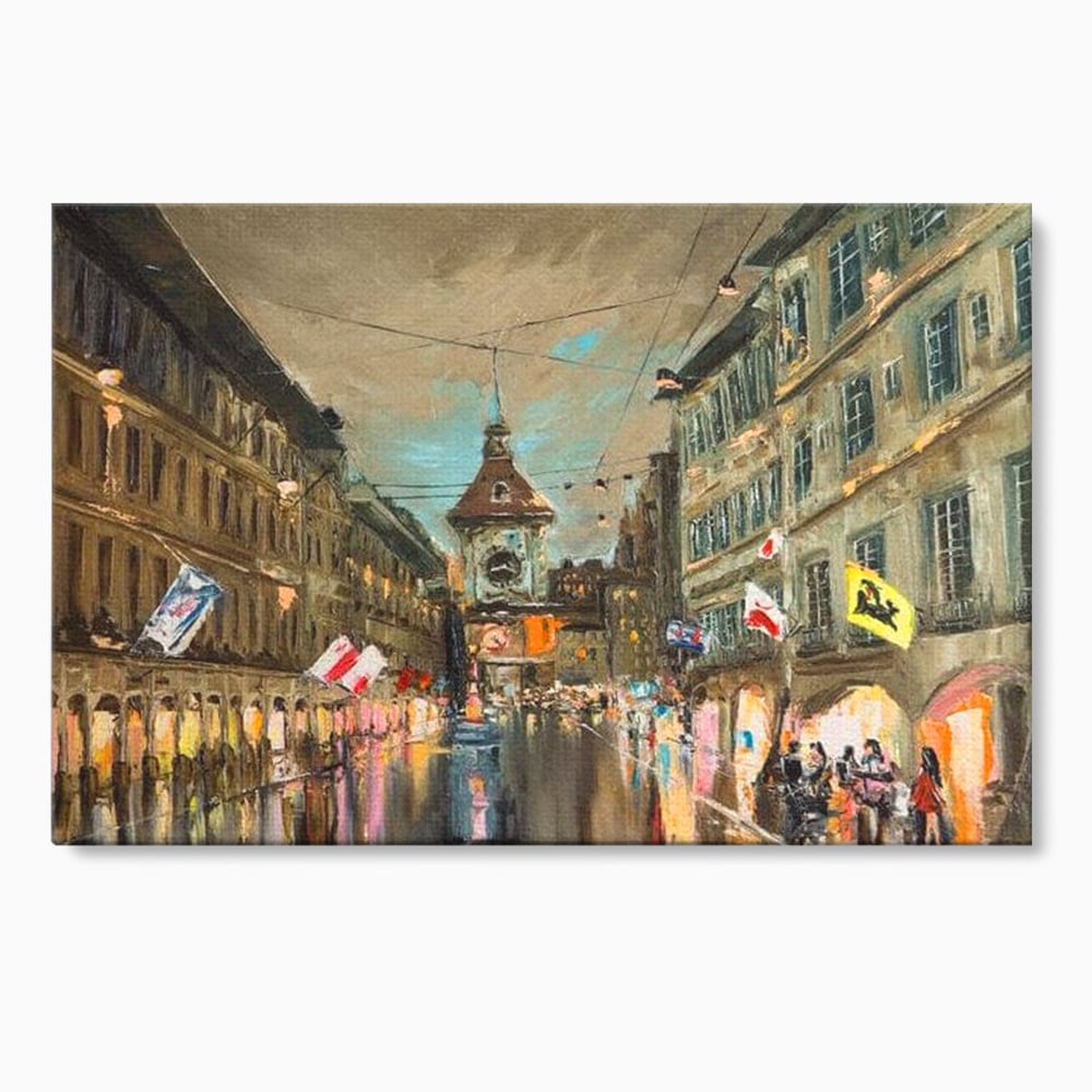 Tablou canvas cu pictura stradala cu turn ceas in ploaie, fara rama, pe sasiu de lemn