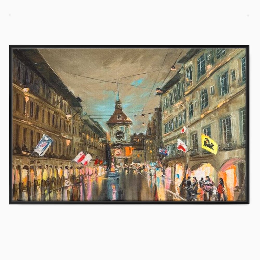 Tablou canvas cu pictura stradala cu turn ceas in ploaie, in rama de aluminiu negru