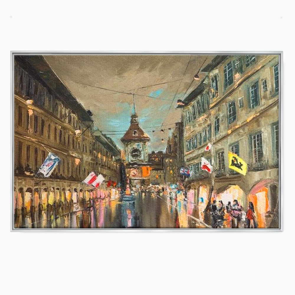 Tablou canvas cu pictura stradala cu turn ceas in ploaie, in rama de aluminiu argintiu