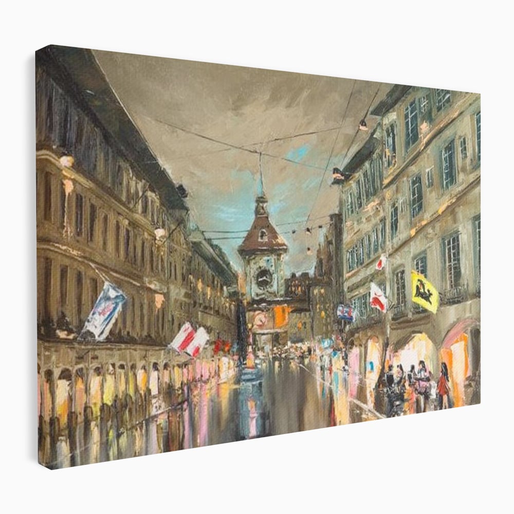 Tablou canvas cu pictura stradala cu turn ceas in ploaie, fara rama, pe sasiu de lemn