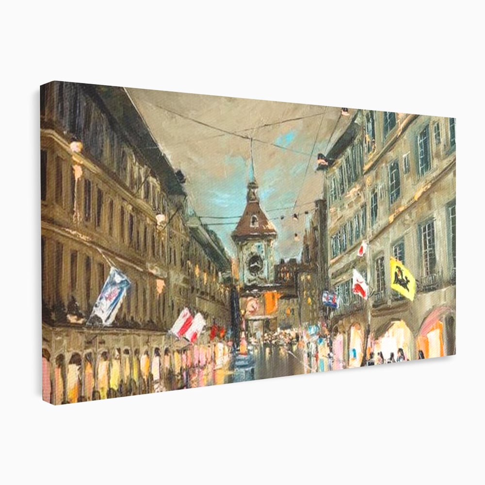 Tablou canvas cu pictura stradala cu turn ceas in ploaie, fara rama, pe sasiu de lemn