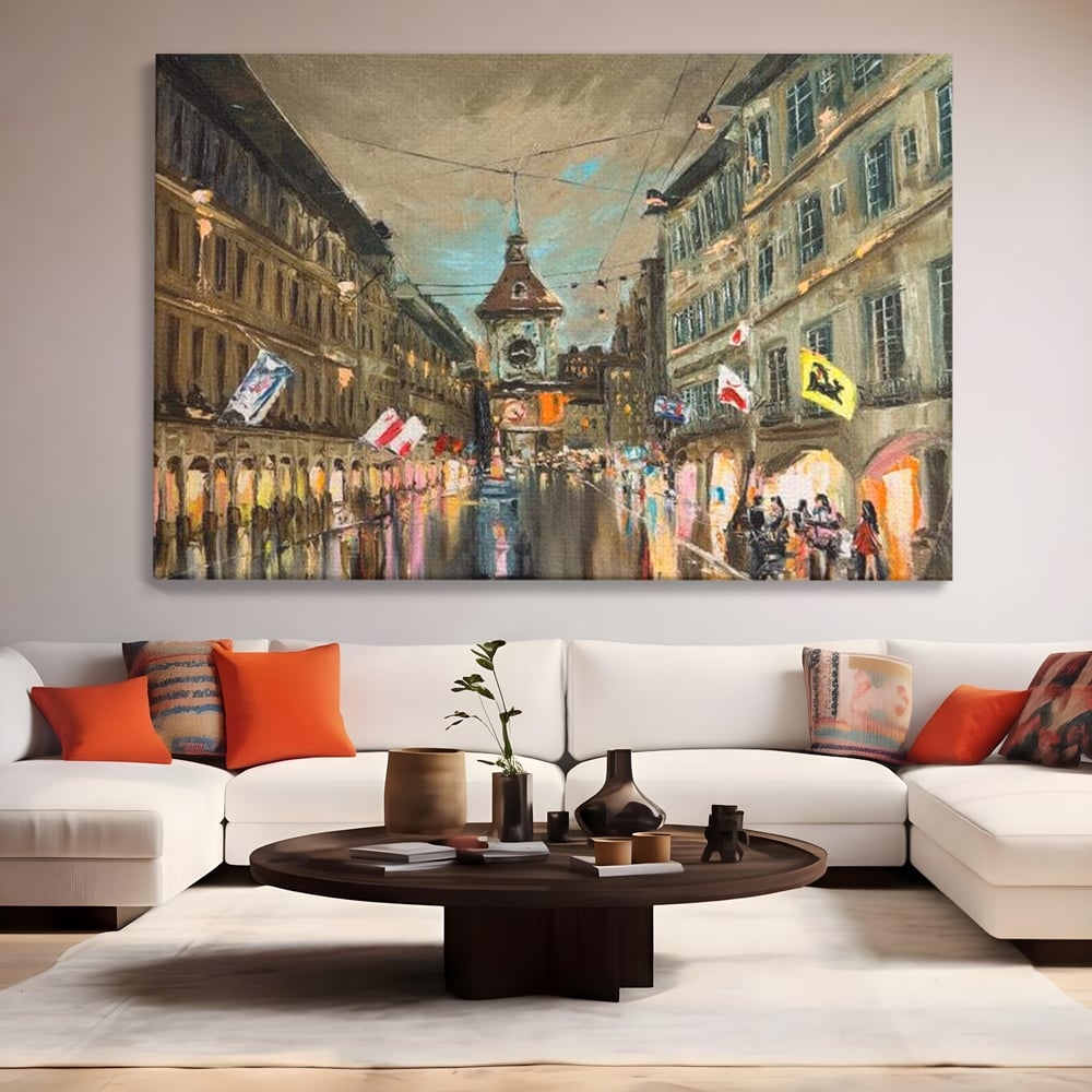 Tablou canvas cu pictura stradala cu turn ceas in ploaie, fara rama, pe sasiu de lemn, pe perete intr-un living
