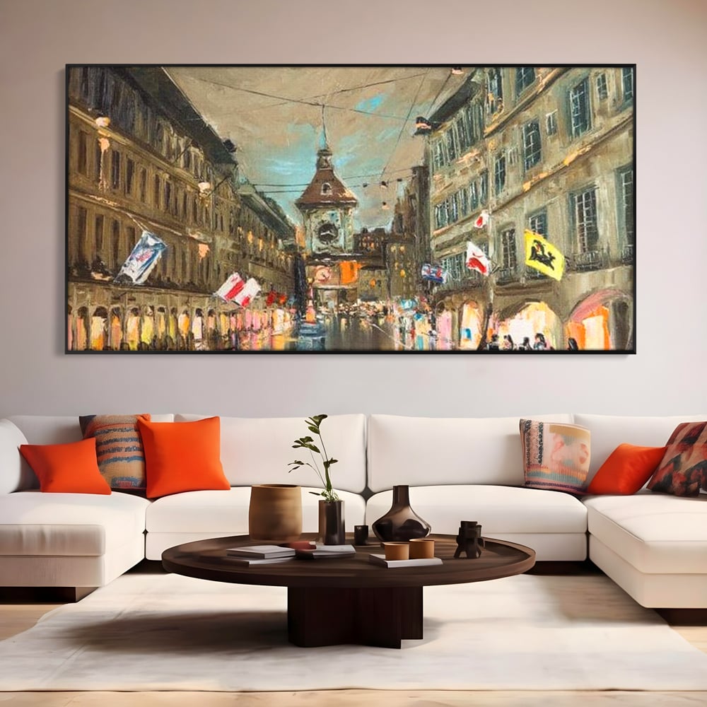 Tablou canvas cu pictura stradala cu turn ceas in ploaie, in rama de aluminiu negru, pe perete intr-un living