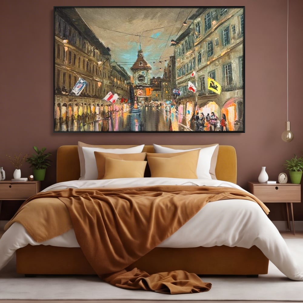 Tablou canvas cu pictura stradala cu turn ceas in ploaie, in rama de aluminiu negru, pe perete intr-un dormitor