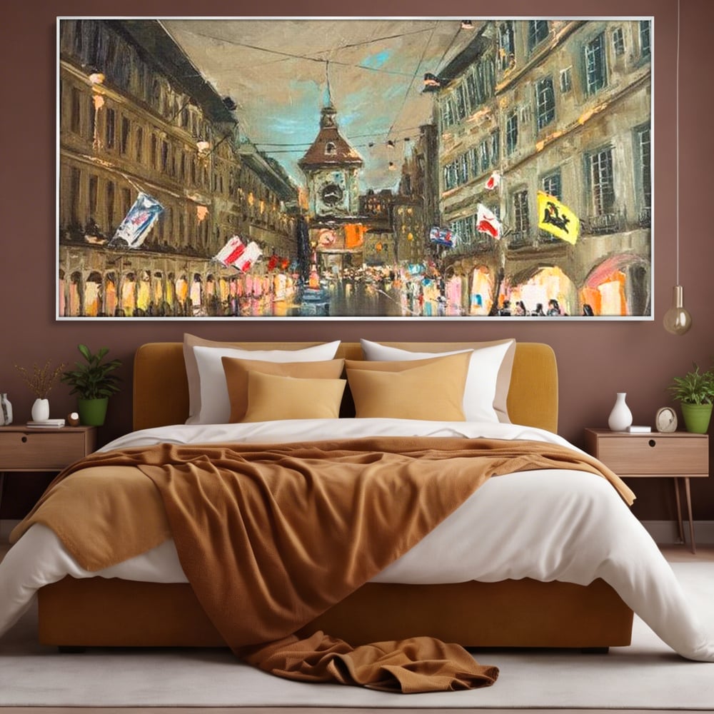 Tablou canvas cu pictura stradala cu turn ceas in ploaie, in rama de aluminiu argintiu, pe perete intr-un dormitor
