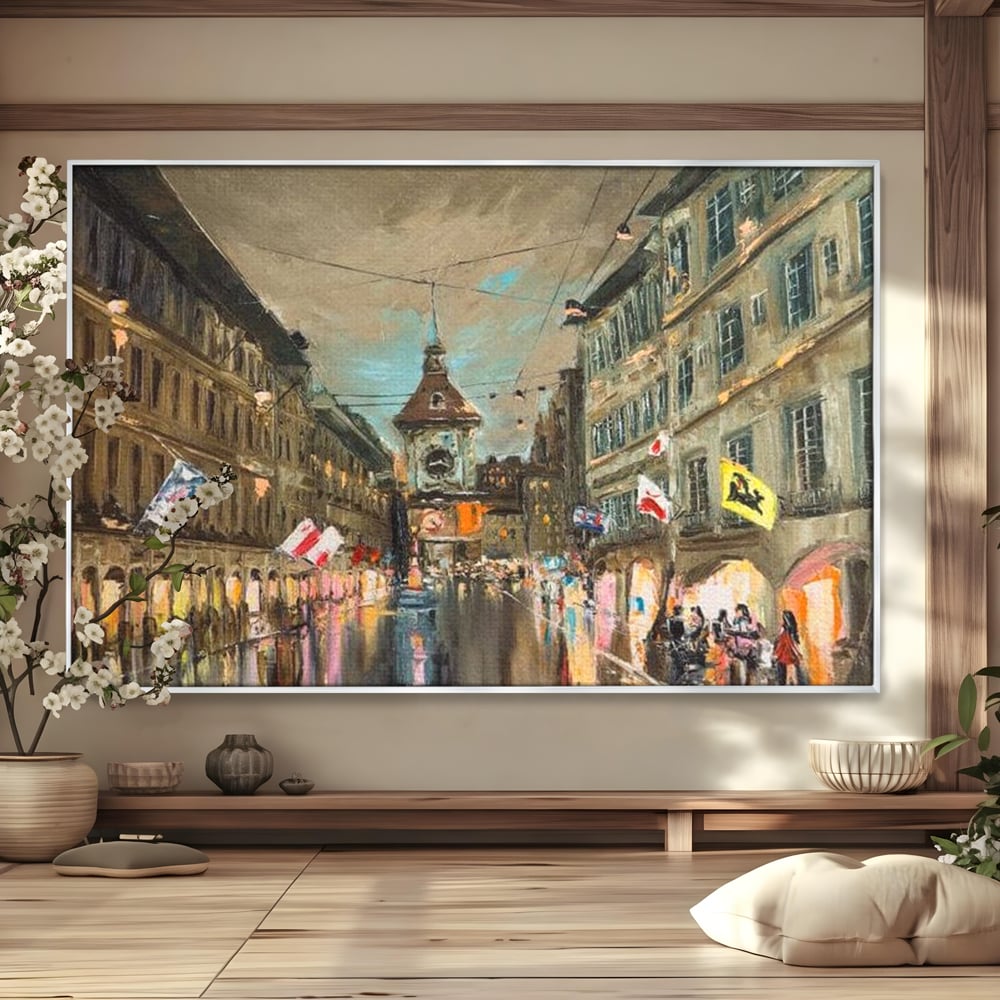 Tablou canvas cu pictura stradala cu turn ceas in ploaie, in rama de aluminiu argintiu