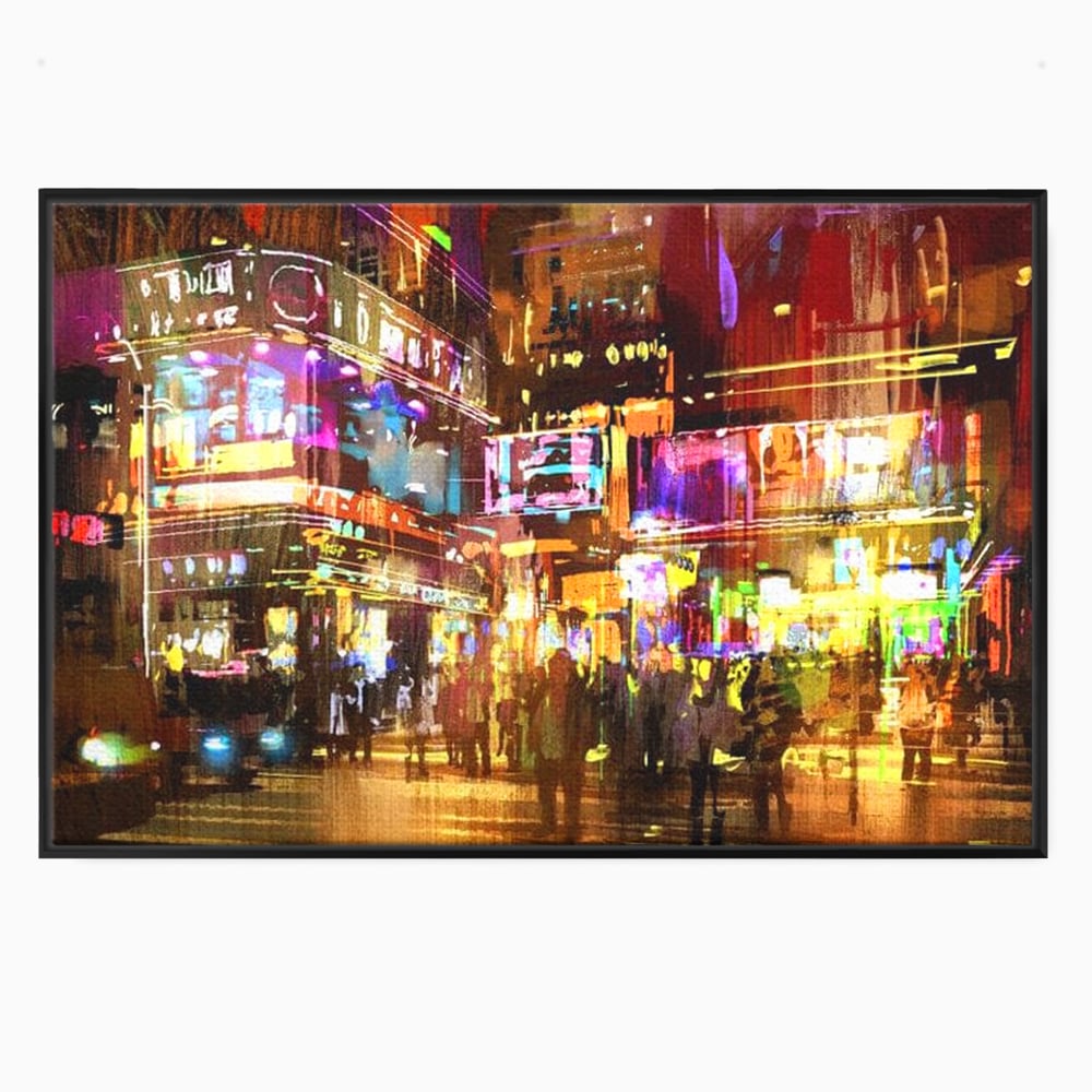 Tablou canvas cu pictura stradala urbana in neon, in rama de aluminiu negru