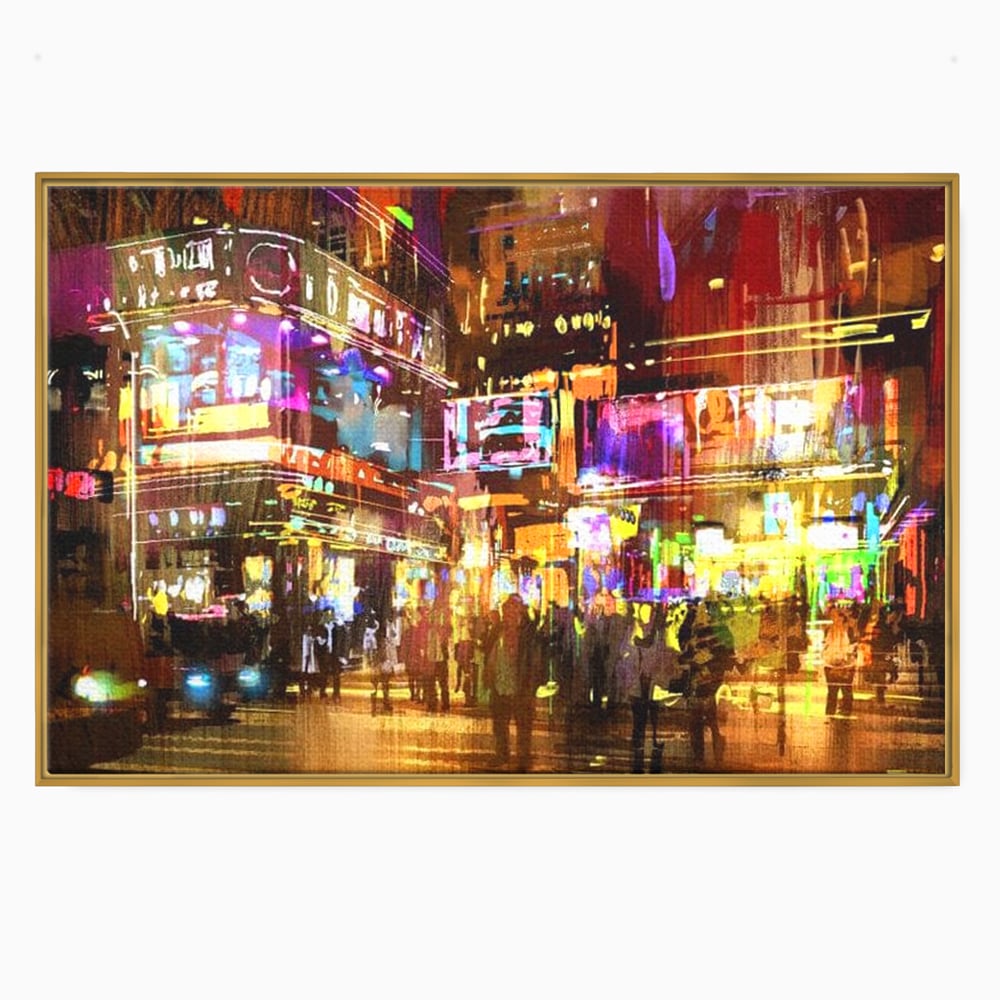 Tablou canvas cu pictura stradala urbana in neon, in rama de aluminiu auriu