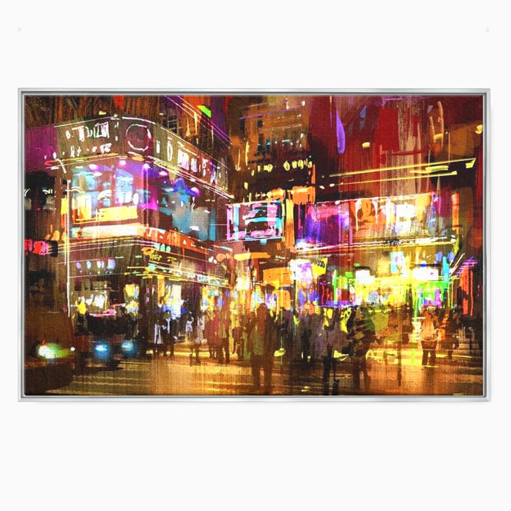 Tablou canvas cu pictura stradala urbana in neon, in rama de aluminiu argintiu