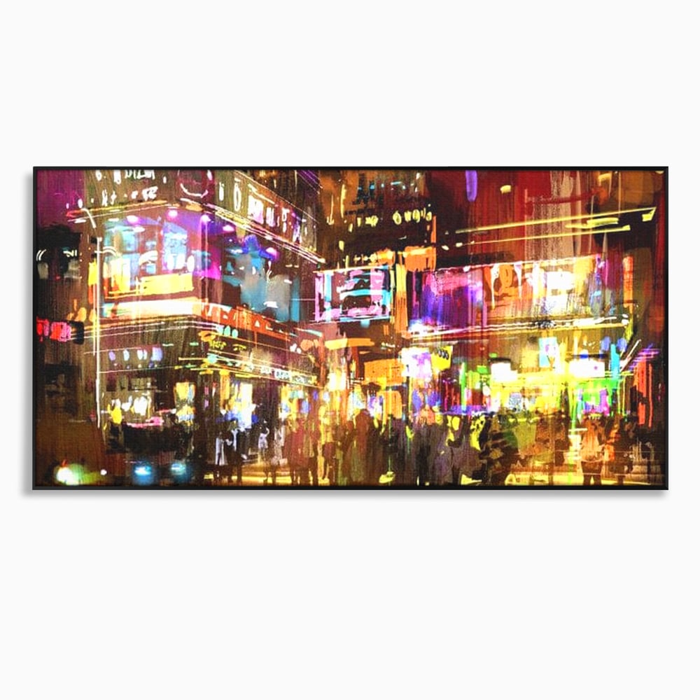 Tablou canvas cu pictura stradala urbana in neon, in rama de aluminiu negru