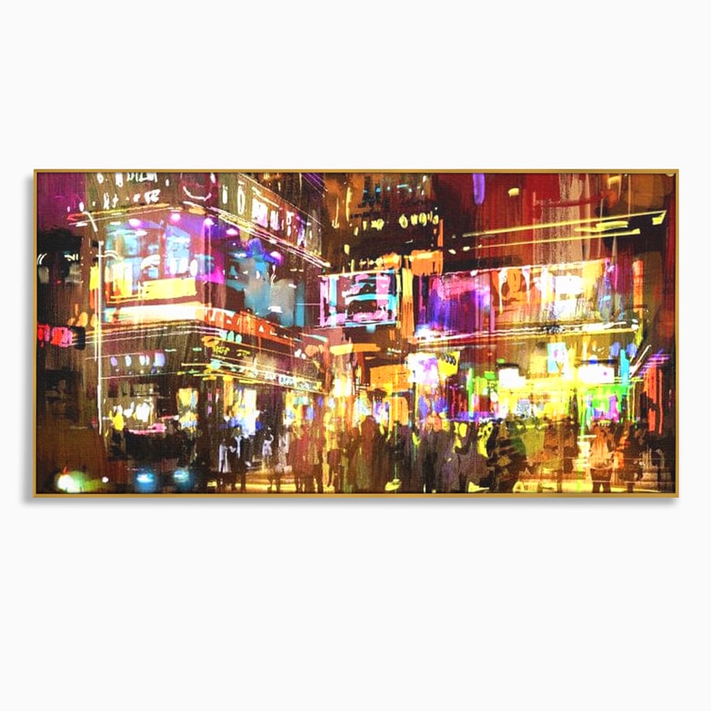 Tablou canvas cu pictura stradala urbana in neon, in rama de aluminiu auriu