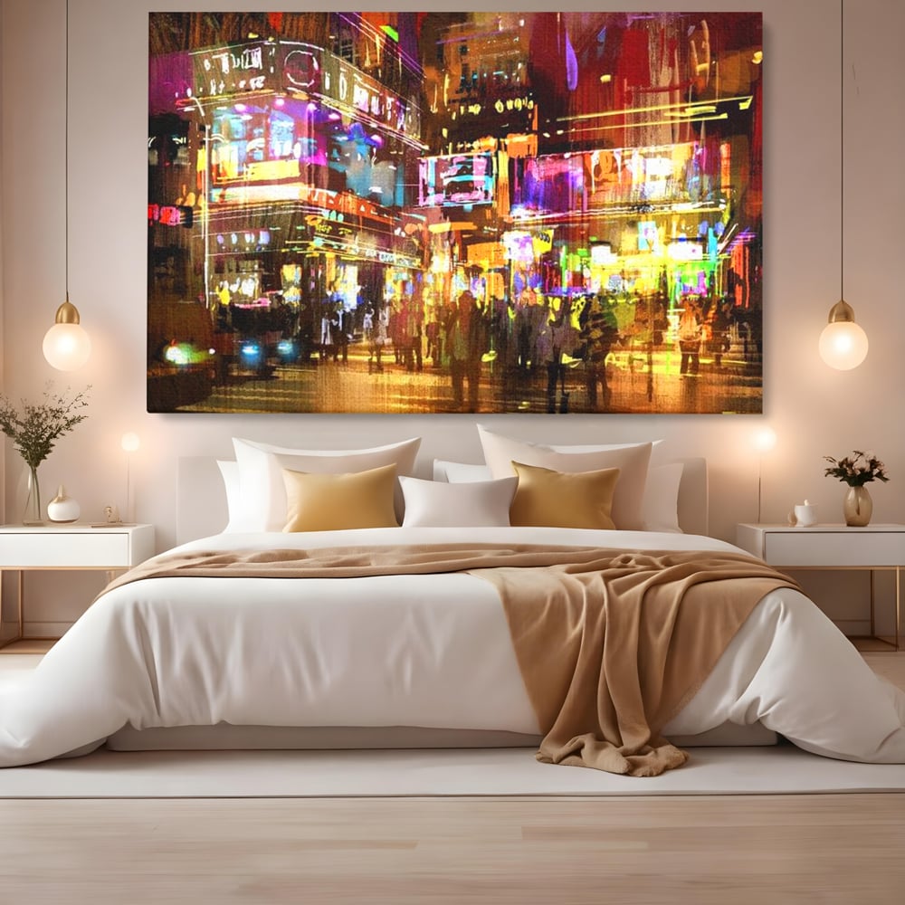 Tablou canvas cu pictura stradala urbana in neon, fara rama, pe sasiu de lemn, pe perete intr-un dormitor