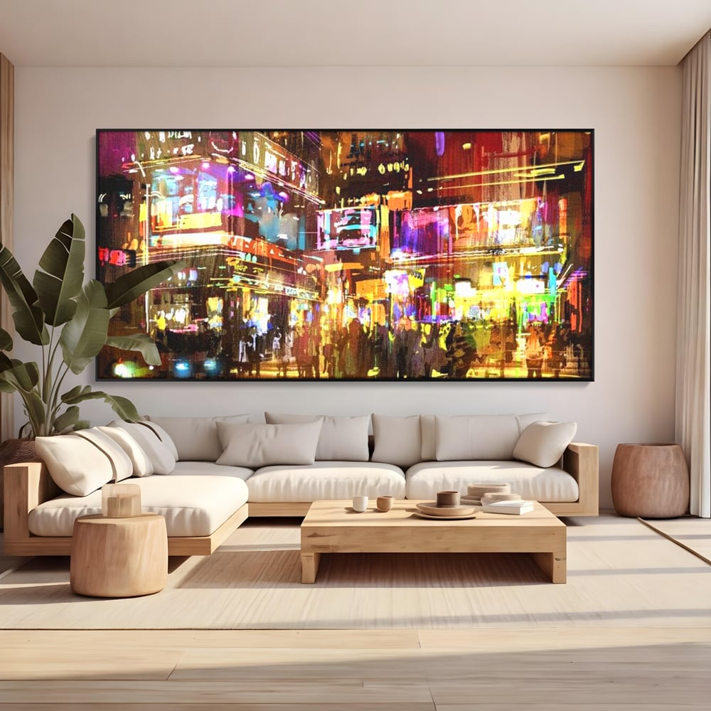 Tablou canvas cu pictura stradala urbana in neon, in rama de aluminiu negru, pe perete intr-un living
